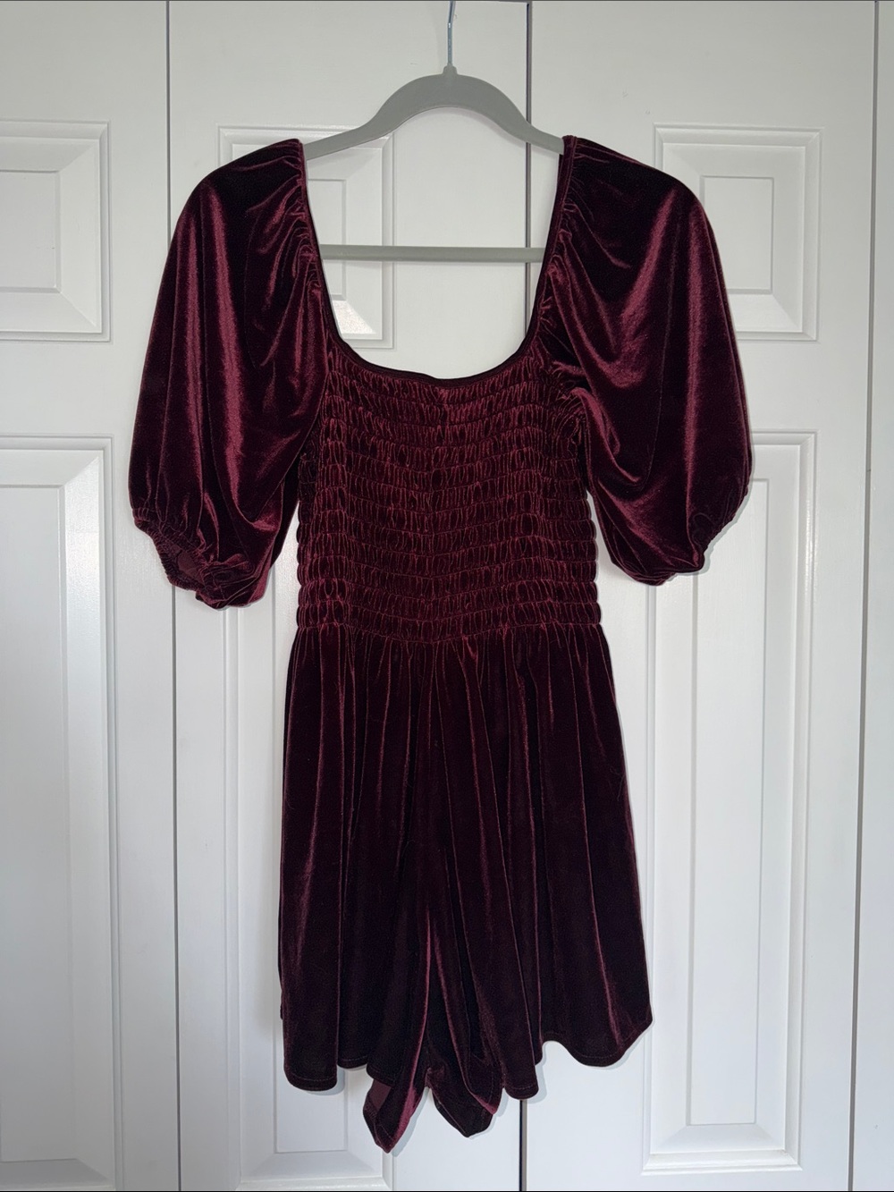 Urban Outfitters Burgundy Velvet Smocked Puff-Sleeve Romper